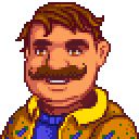 A chubby pixelated white man with brown hair and a mustache. He wears a yellow and blue button down over a blue shirt.