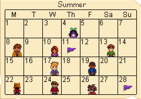 The summer Stardew Valley calendar